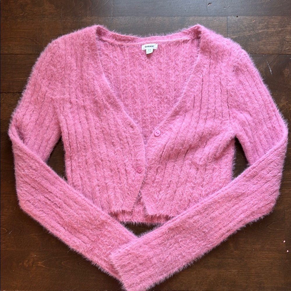 Sparkle Pink Fuzzy Cropped Cardigan Sweater